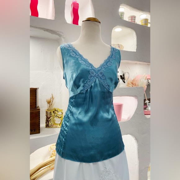 Vintage Blue Esprit Satin Cami with Lace Detail and Pintuck Pleated Sides - Picture 3 of 6